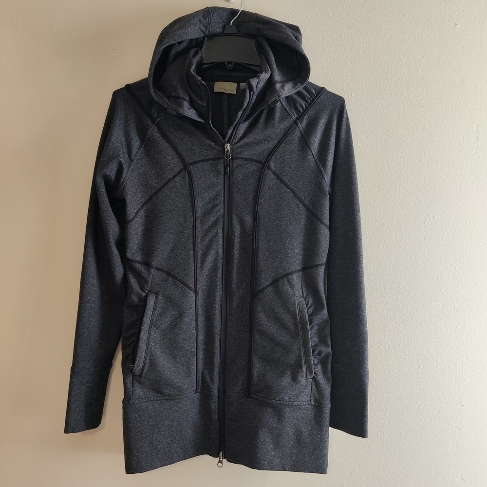 Athleta Hooded Jacket Womens Small Gray Long Sleeve Full Zip Ruched Pockets